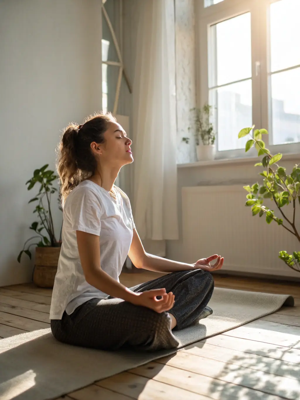 A woman meditating in a serene setting, surrounded by candles and calming elements, representing the self-love and mindfulness aspects of Bloom Muse's coaching services.