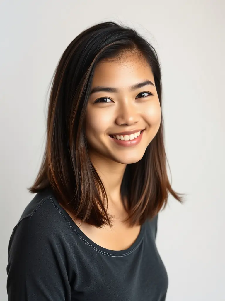 A close-up portrait of a woman with soft, natural makeup, smiling confidently at the camera, taken in a studio setting with diffused lighting, representing Bloom Muse's portrait photography service.